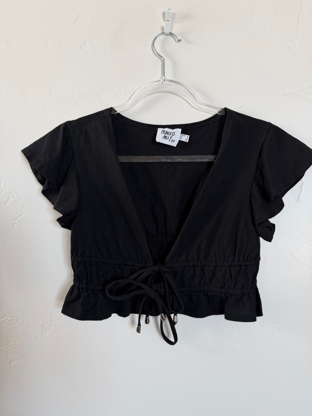 Princess Polly Black Flutter Sleeve Tie Front Crop Top Size US 2